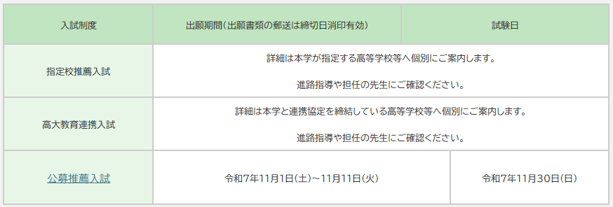 令和8年度　学校推薦型選抜日程