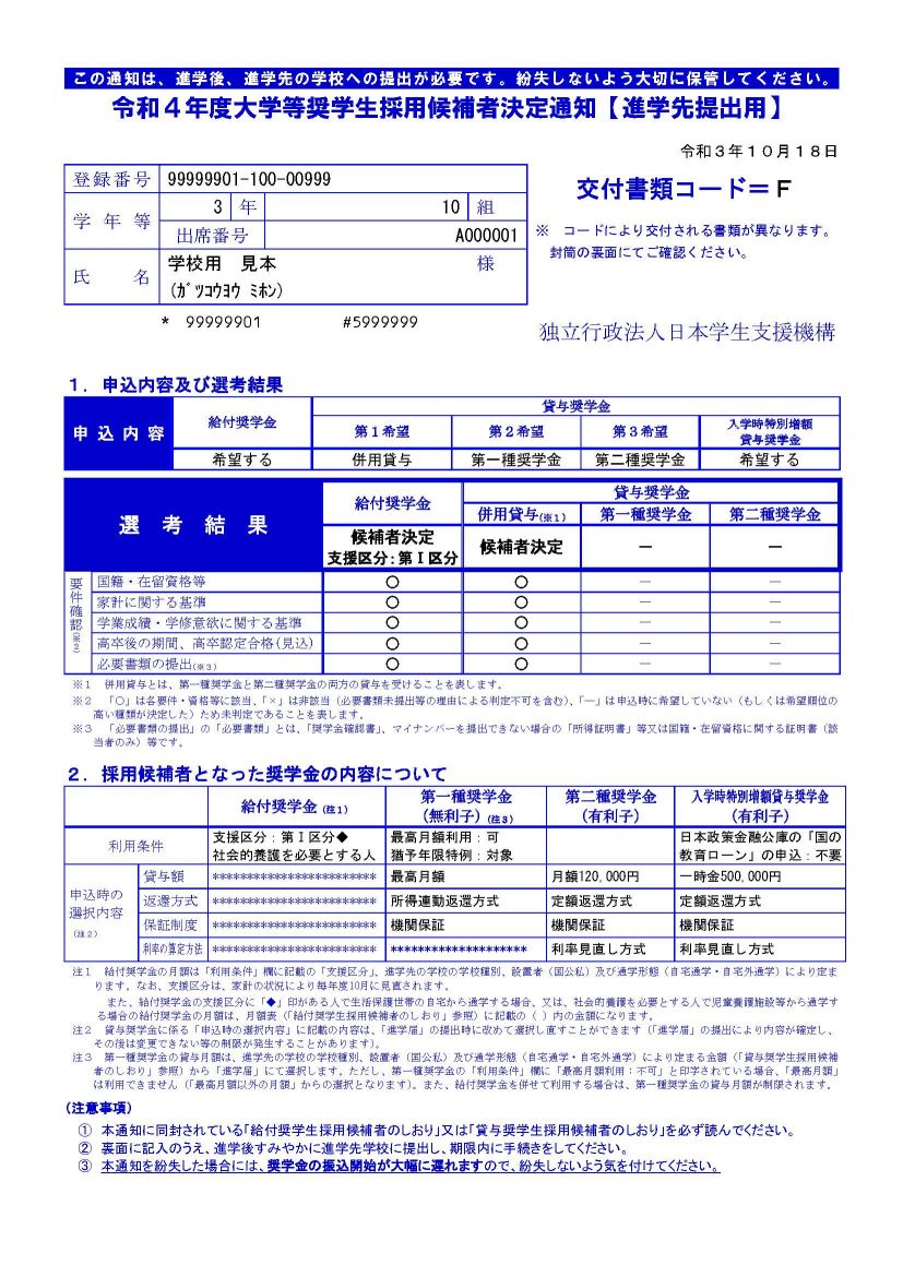 奨学金】（新入生）日本学生支援機構奨学金 大学等奨学生採用候補者の